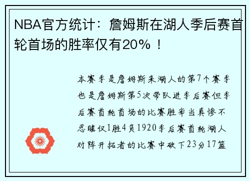 NBA官方统计：詹姆斯在湖人季后赛首轮首场的胜率仅有20% ！
